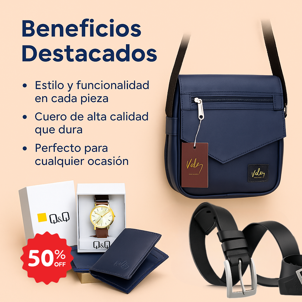 Combo Lancelot Velez™ – Bolsa + Cartera + Correa + ¡Reloj Q&Q de obsequio!