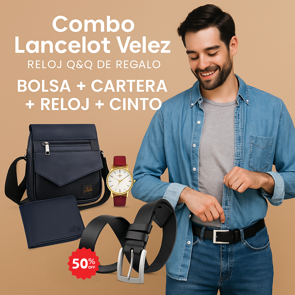 Combo Lancelot Velez™ – Bolsa + Cartera + Correa + ¡Reloj Q&Q de obsequio!