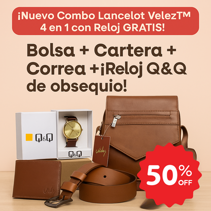 Combo Lancelot Velez™ – Bolsa + Cartera + Correa + ¡Reloj Q&Q de obsequio!